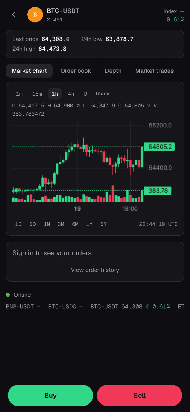 Trade screen with the order form on a phone