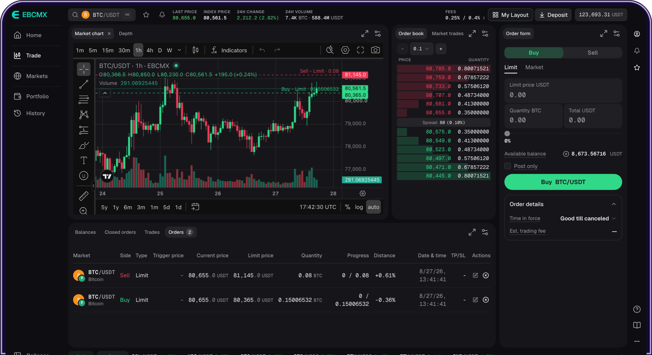 The trading terminal — live order book, chart, and order form